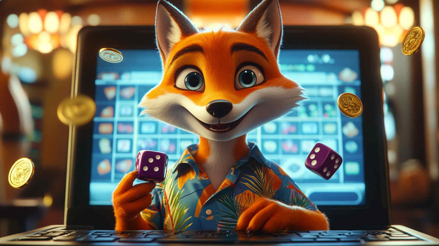 Cartoon fox in a Hawaiian shirt playing online slots on a laptop, holding a dice with gold coins flying — no verification casino theme