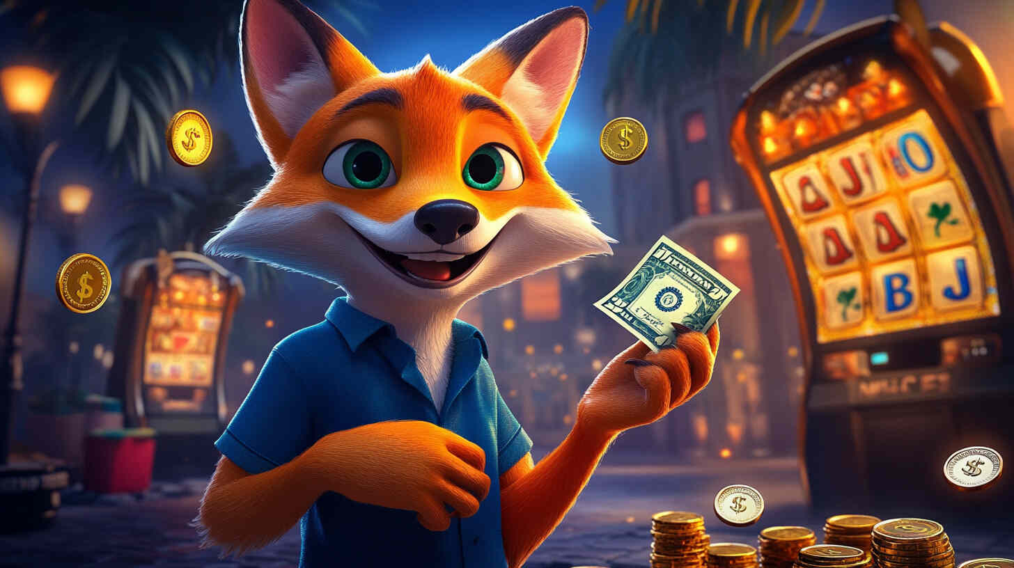 Smiling cartoon fox holding a dollar bill in front of slot machines and gold coins — no verification casino vibe